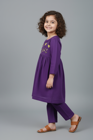 Girls Khaddar Hand Embroided Frock Set 2pc - Purple