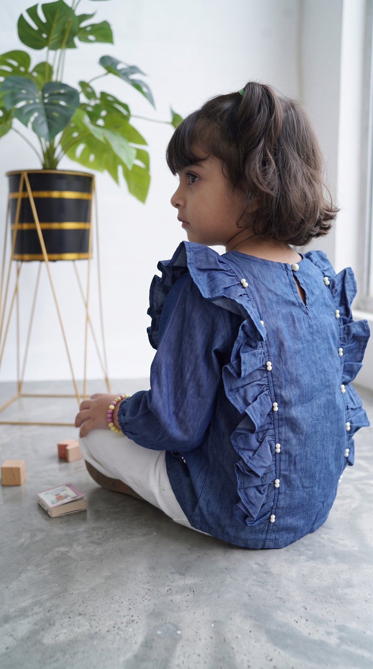 Girls Cotton Denim Pearl Beaded Top