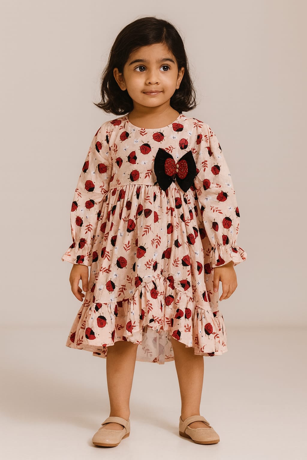 Girls Ladybug Print Cotton Frill Frock - BabyPink
