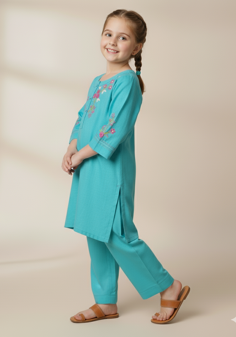 Girls Khaddar Floral Hand Embrioded Co-ord Set 2pc - Skyblue