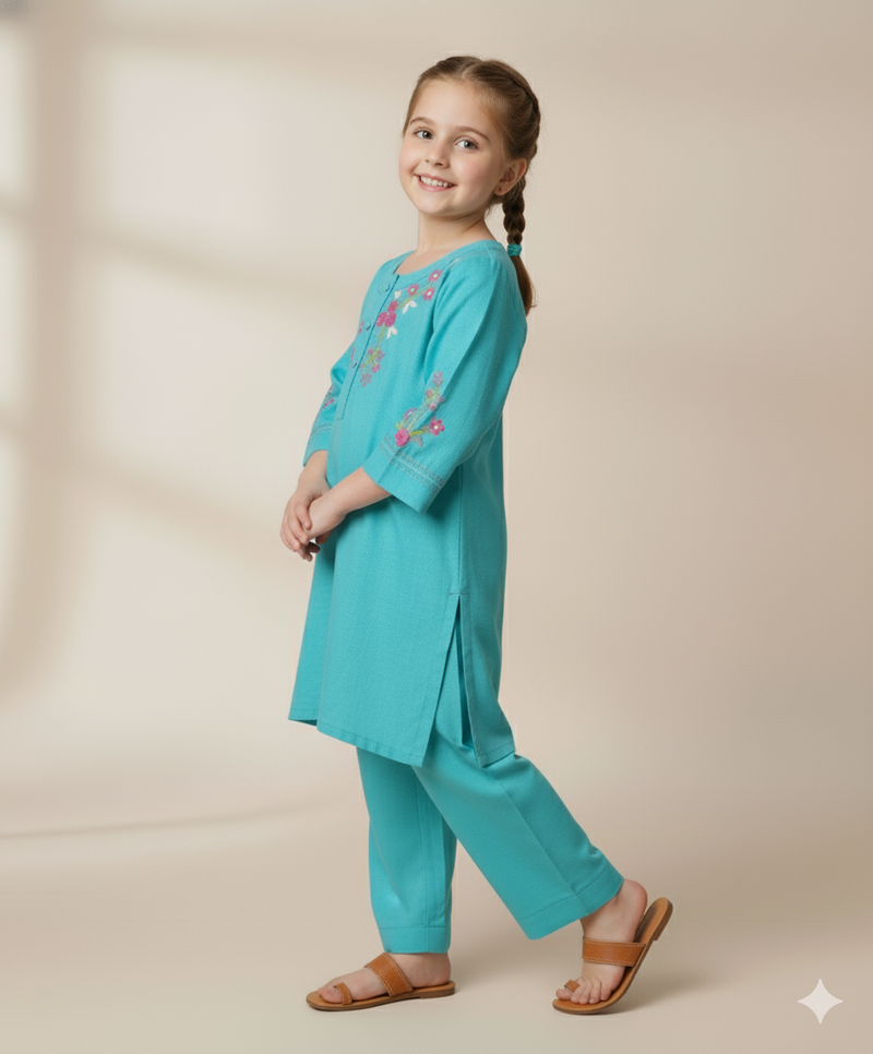 Girls Khaddar Floral Hand Embrioded Co-ord Set 2pc - Skyblue
