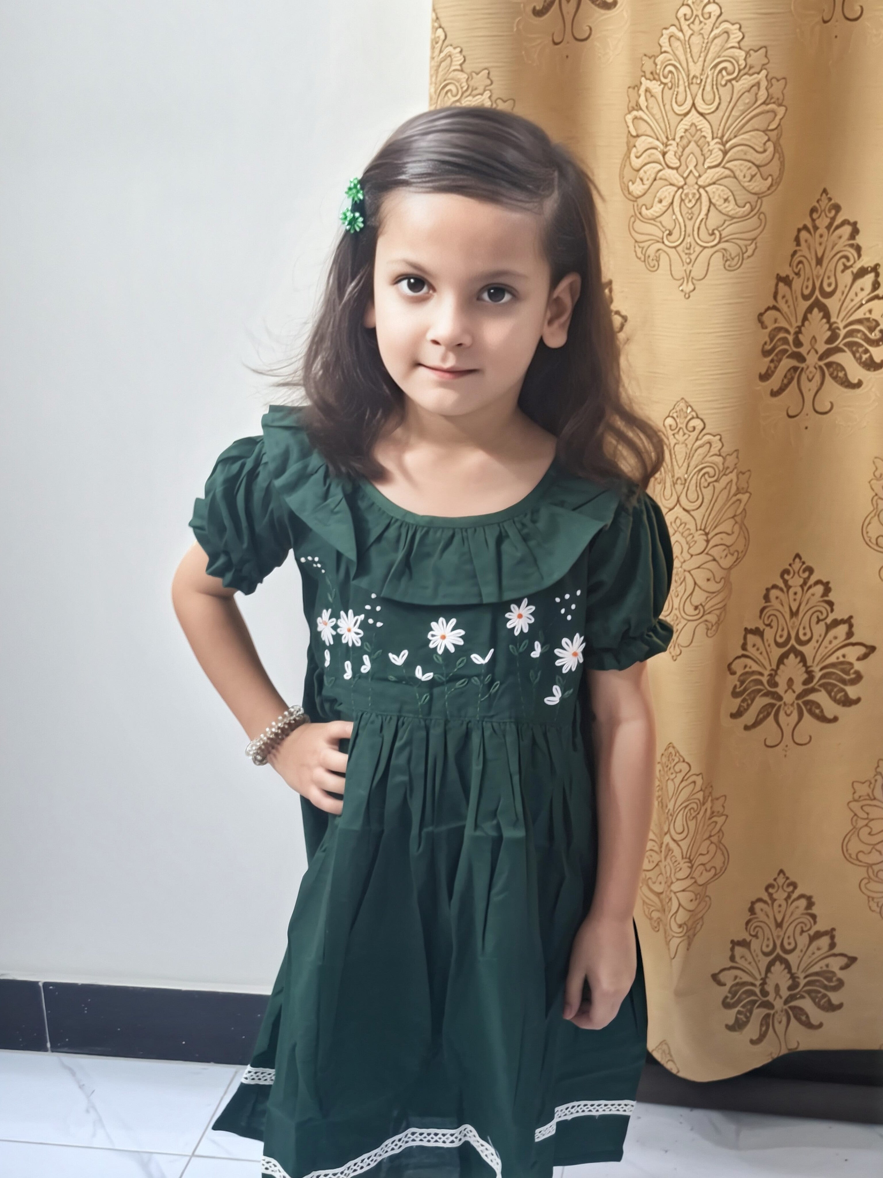 Girls Green Embroidered Frock