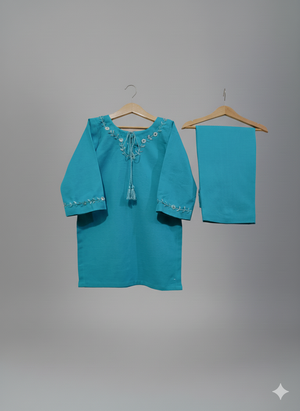 Girls Khaddar Hand Embroided Suit 2pc - Skyblue