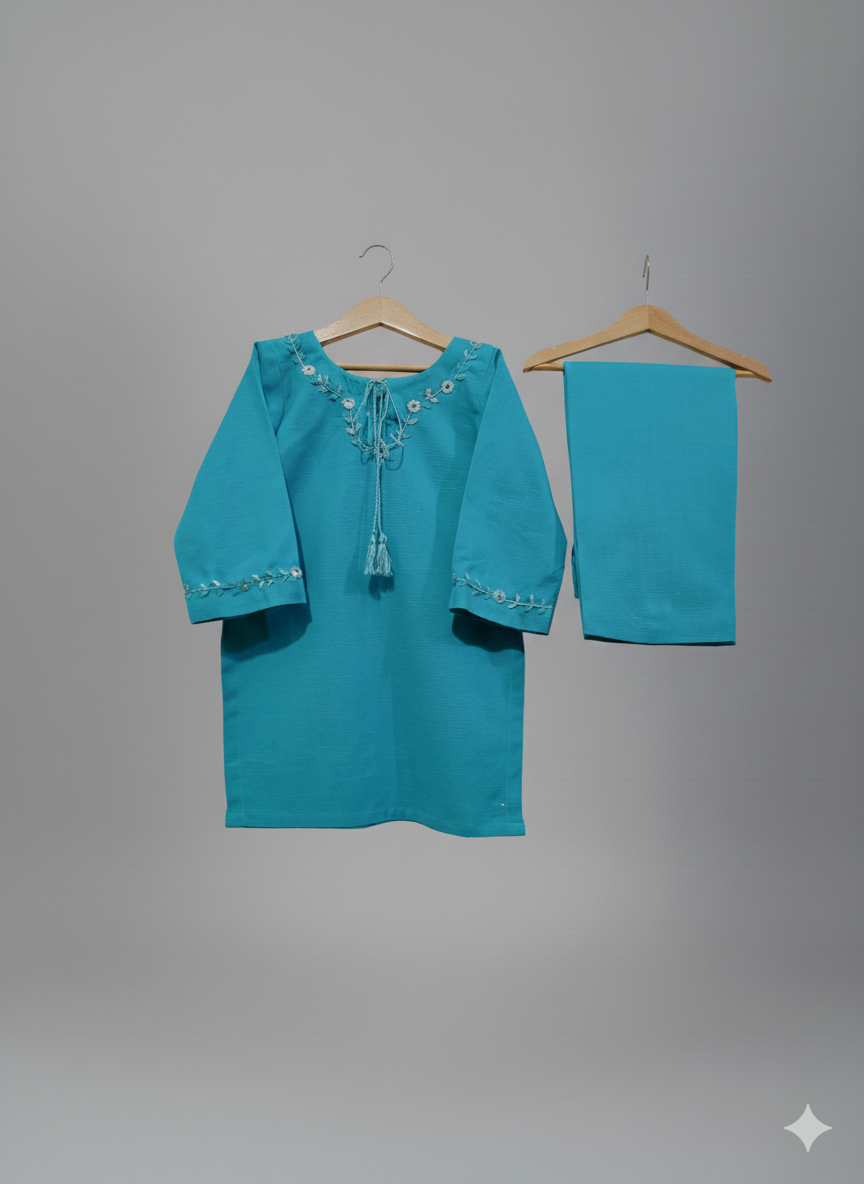 Girls Khaddar Hand Embroided Suit 2pc - Skyblue