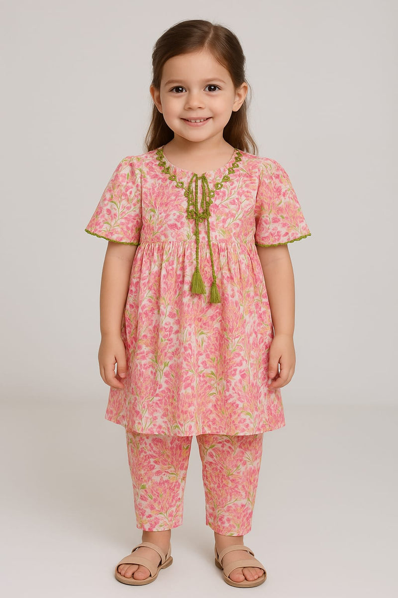 Girls Flower Print Embroidered Frock Set 2pc