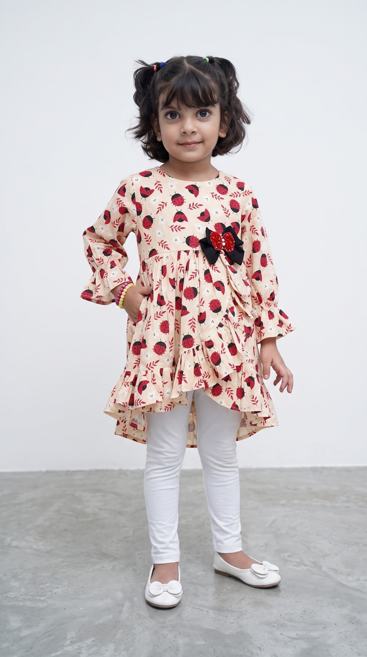 Girls Ladybug Print Cotton Frill Frock - BabyPink
