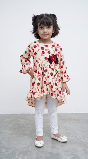 Girls Ladybug Print Cotton Frill Frock - BabyPink