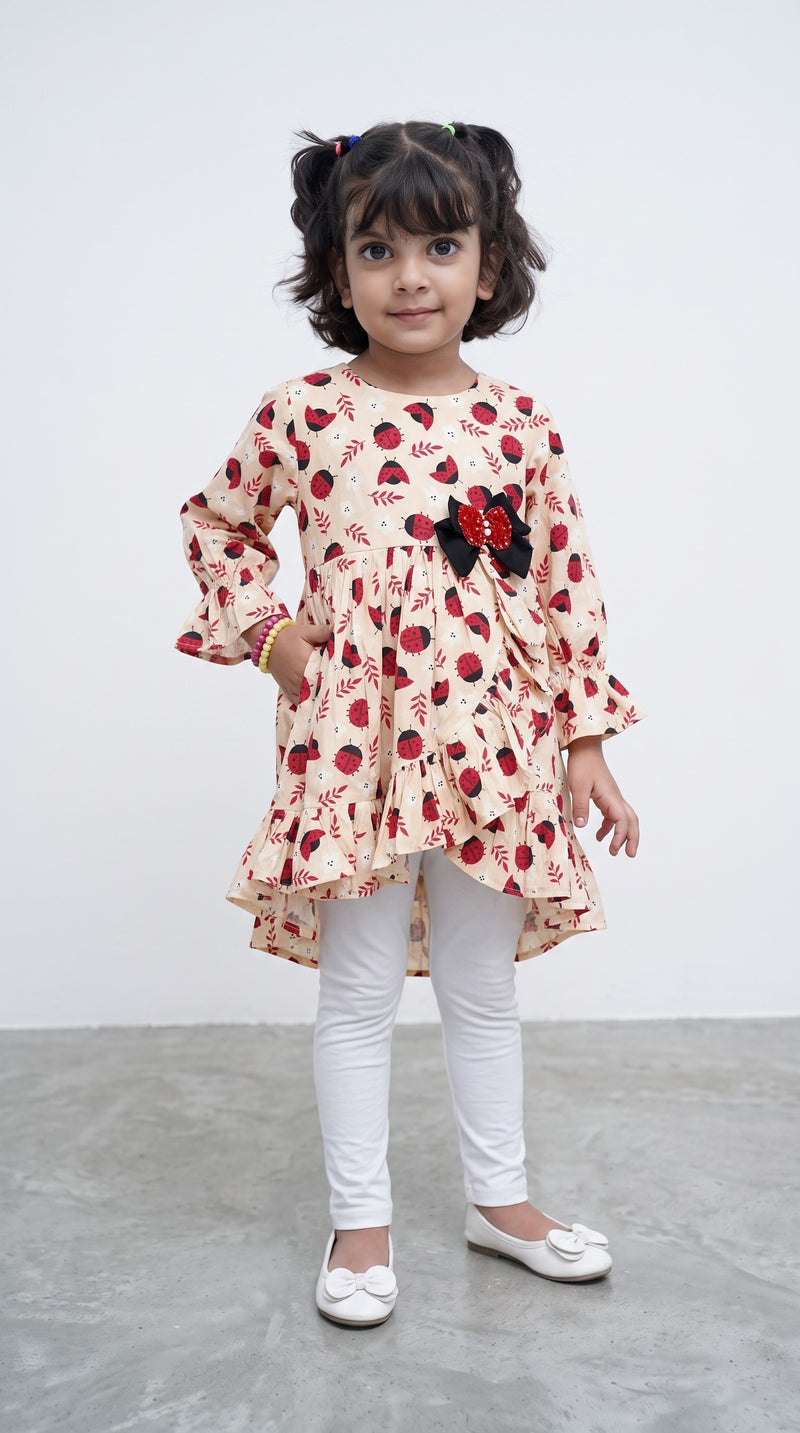 Girls Ladybug Print Cotton Frill Frock - BabyPink