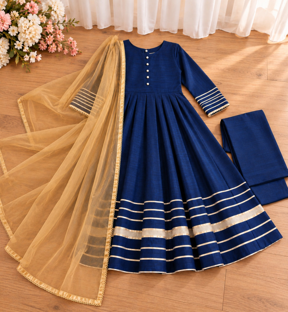 Girls Raw Silk Frock Suit - Navy Blue