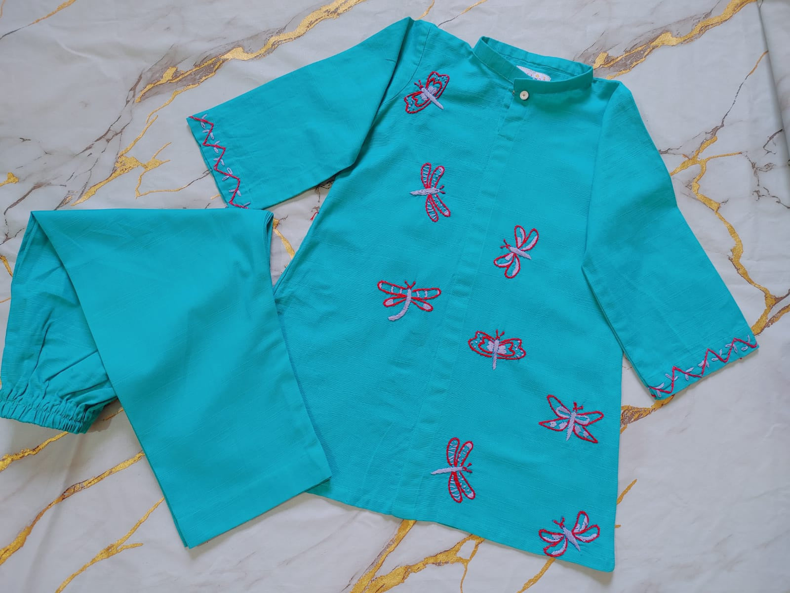 Girls Khaddar Hand Embroided Co-ord Set 2pc - Skyblue