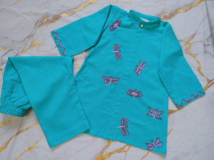 Girls Khaddar Hand Embroided Co-ord Set 2pc - Skyblue