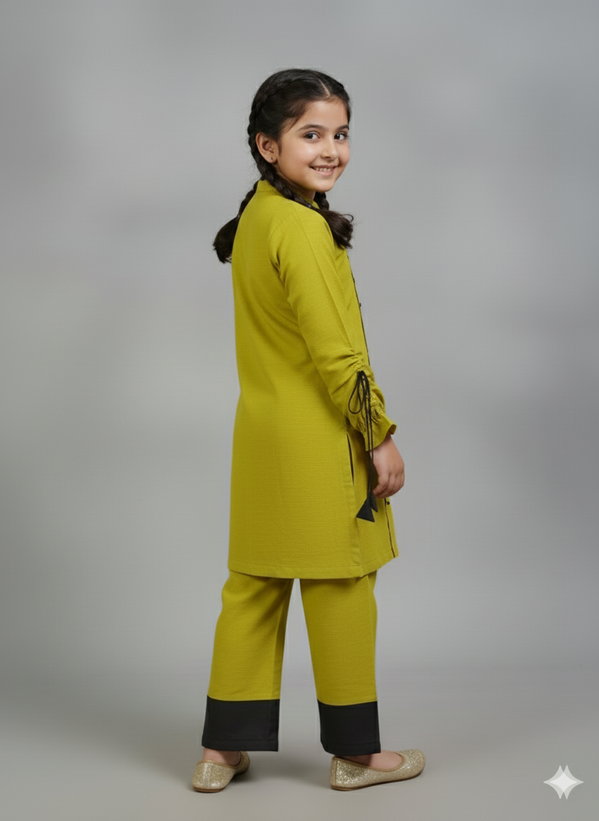 Girls Khaddar Hand Embroided Co-ord Set 2pc - Mustard