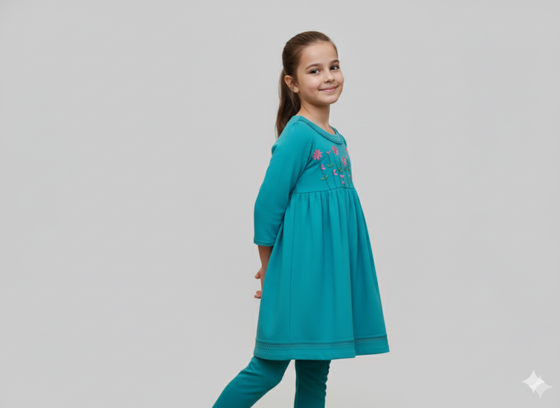 Girls Khaddar Hand Embroided Frock Set 2pc - Skyblue