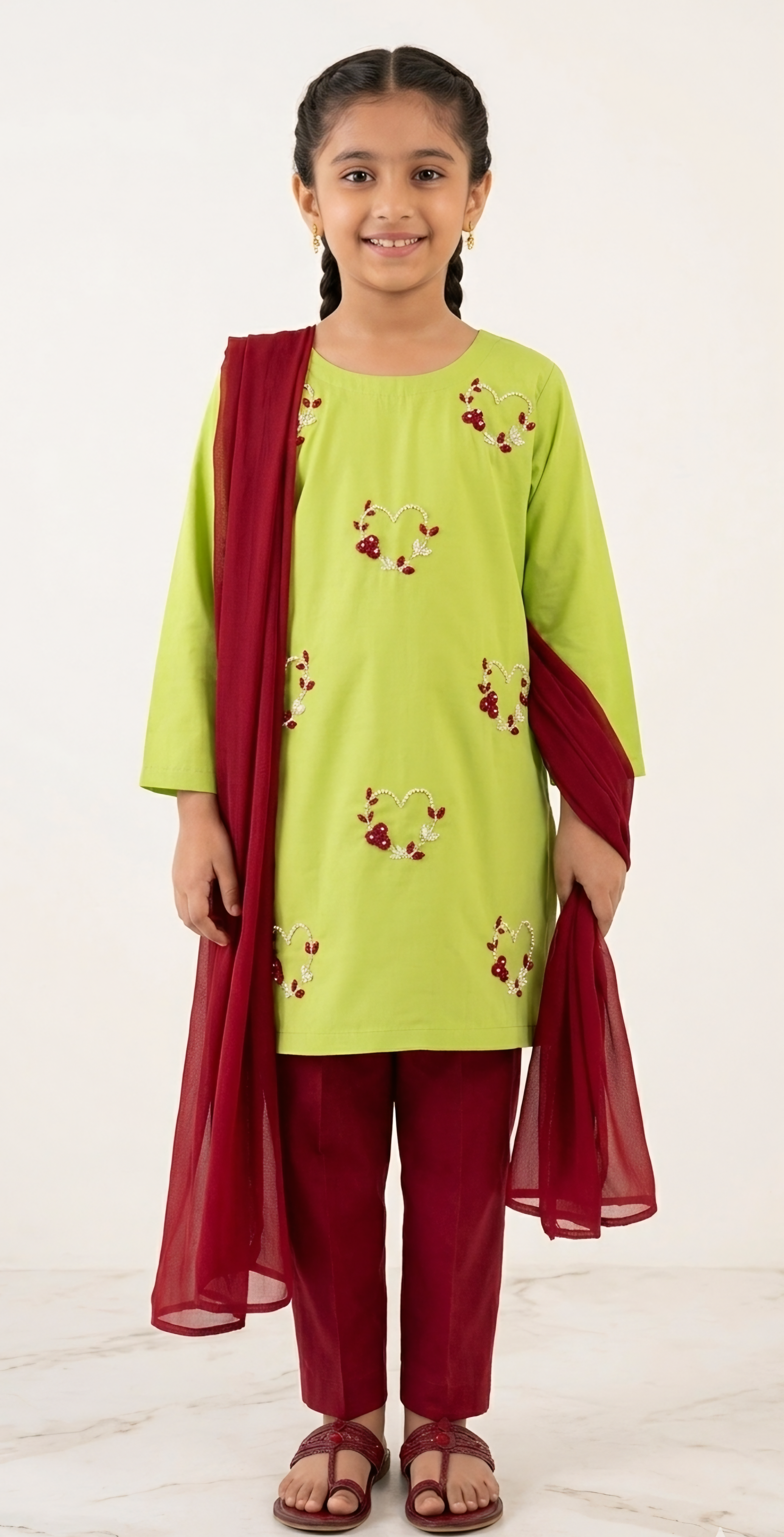 Girls Lime Green Hand Embroided Set 3pc