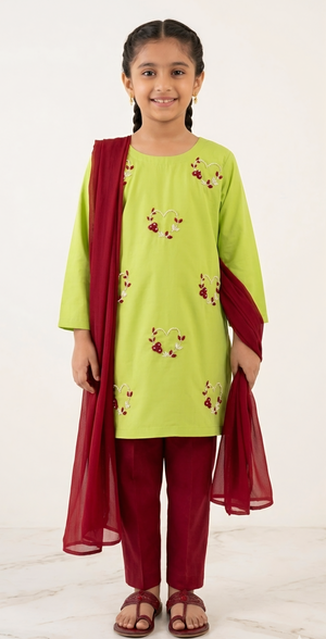 Girls Lime Green Hand Embroided Set 3pc