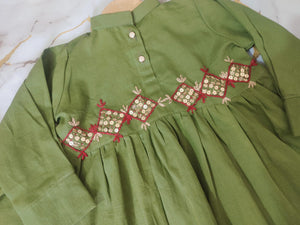 Girls Khaddar Hand Embroided Frock Set 2pc - Olive Green