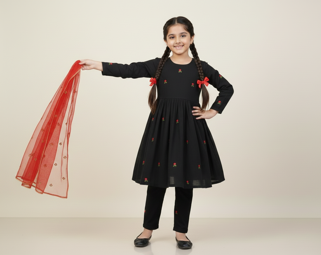 Girls Khaddar Embroided Frock Suit With Dupatta - Black