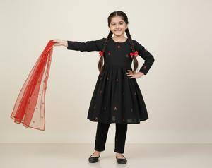 Girls Khaddar Embroided Frock Suit With Dupatta - Black