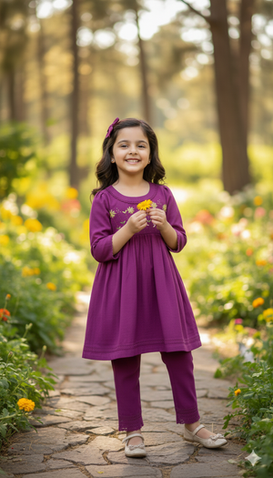 Girls Khaddar Hand Embroided Frock Set 2pc - Orchid