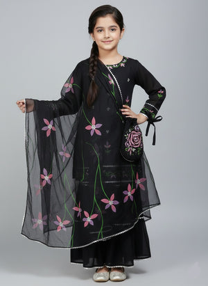 Girls Hand Painted Gharara Set 3pc - Black