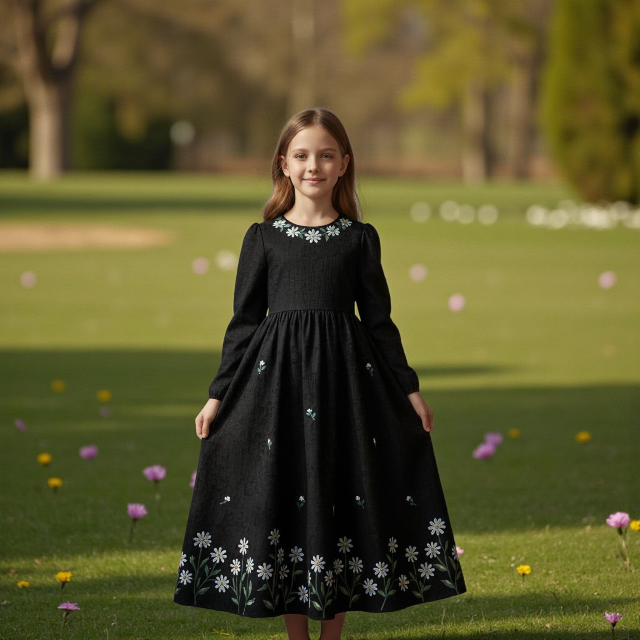 Girls Khaddar Hand Painted Floral Long Frock - Black