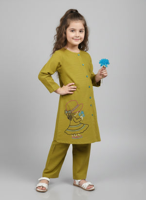Girls Khaddar Doll Embroided Co-ord Set 2pc - Light Olive