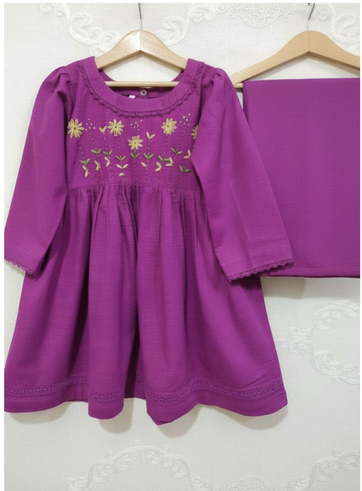 Girls Khaddar Hand Embroided Frock Set 2pc - Orchid