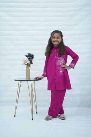 Girls Khaddar Hand Embroided Co-ord Set 2pc - Margenta