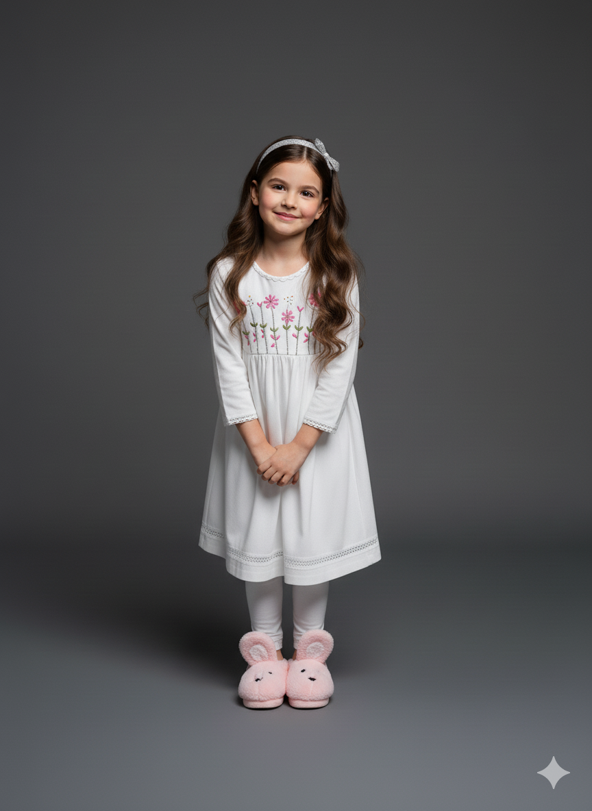 Girls Khaddar Hand Embroided Frock Set 2pc - White