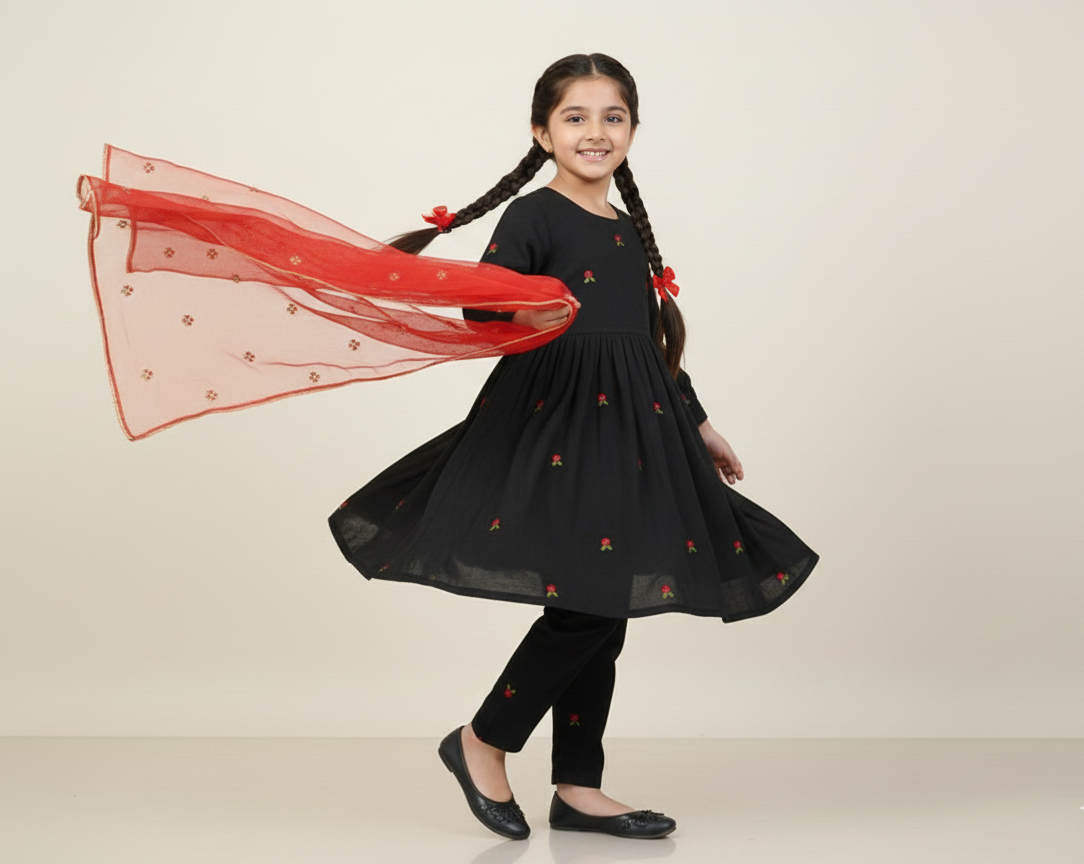 Girls Khaddar Embroided Frock Suit With Dupatta - Black