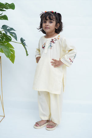 Girls Hand Embrioded Co-ord Set - Lemon