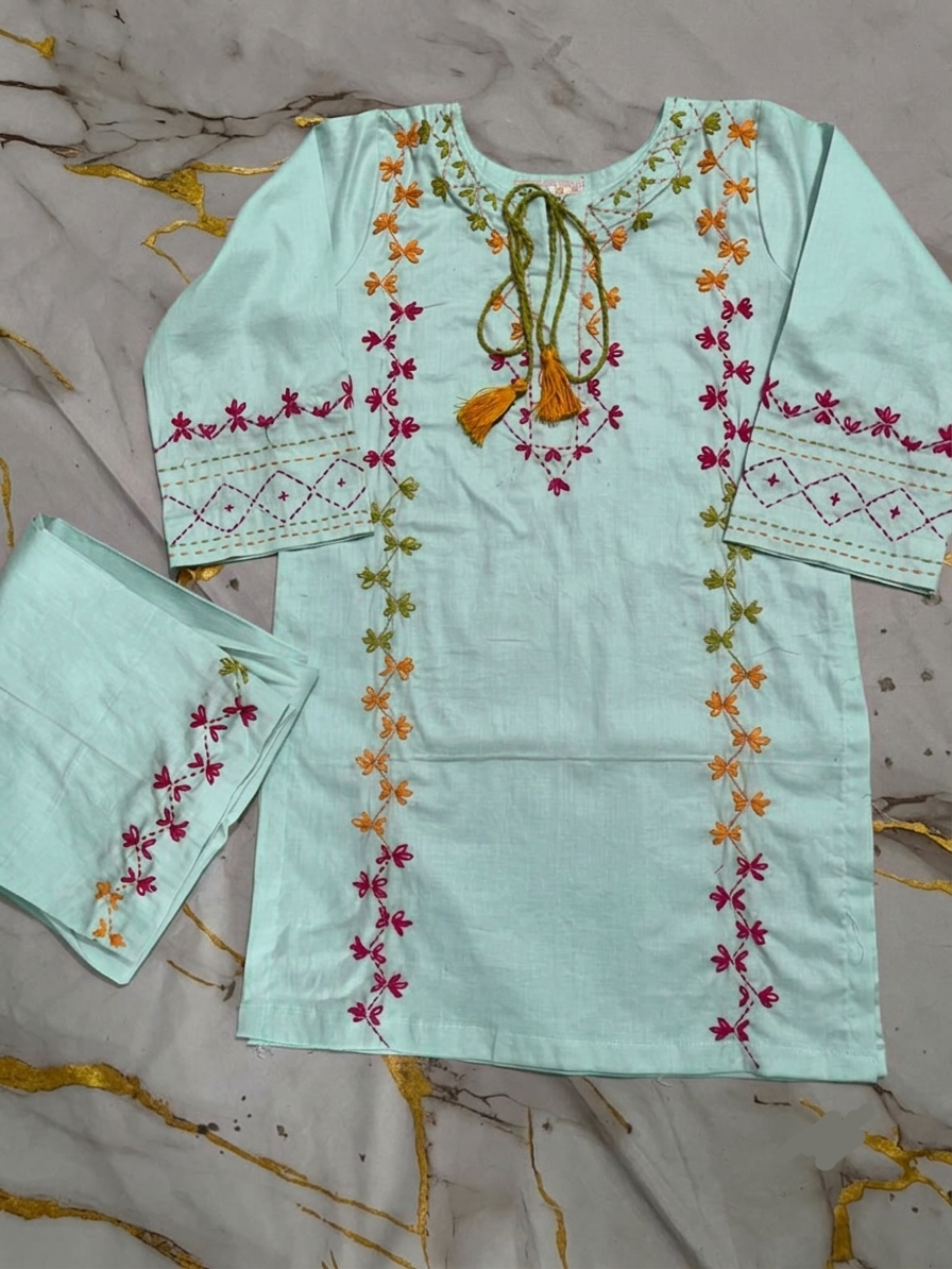 Girls Pink Multi Hand Embroided Set 2pc