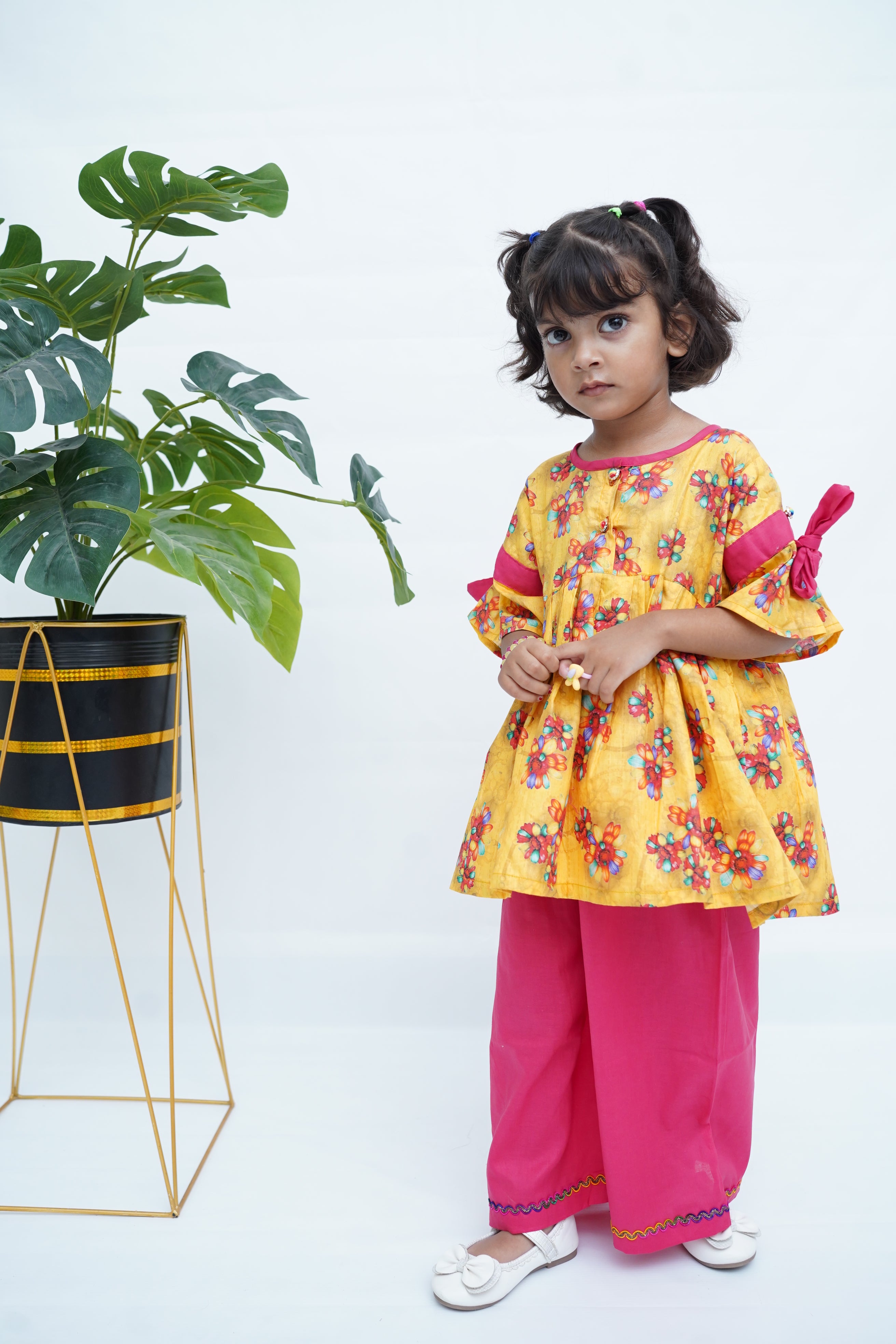 Girls Printed Flower Frock Set - Yellow