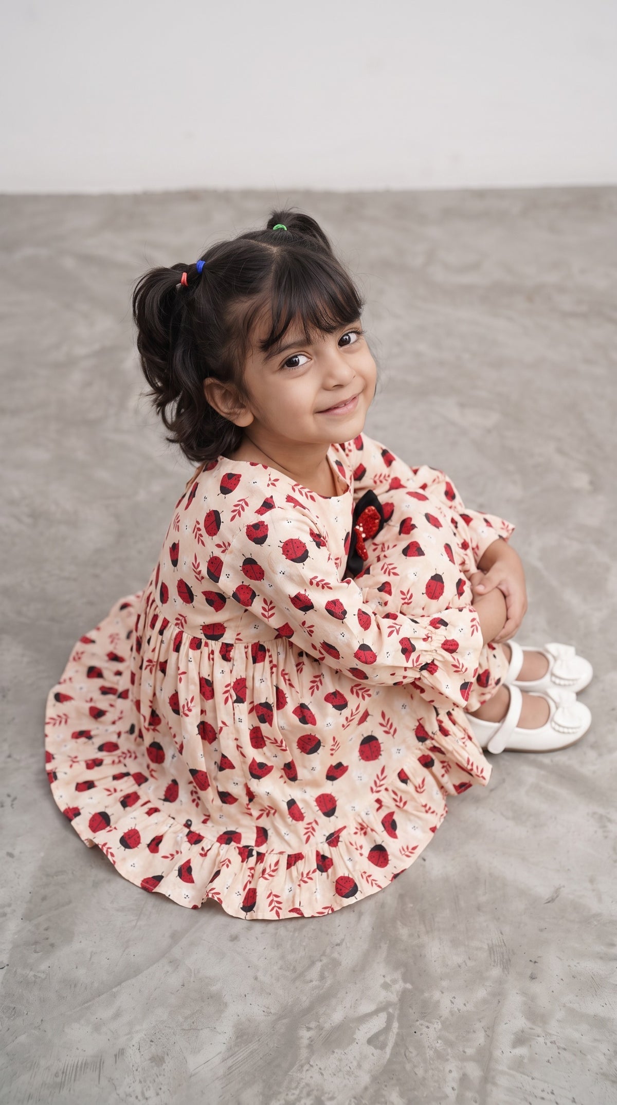 Girls Ladybug Print Cotton Frill Frock - BabyPink