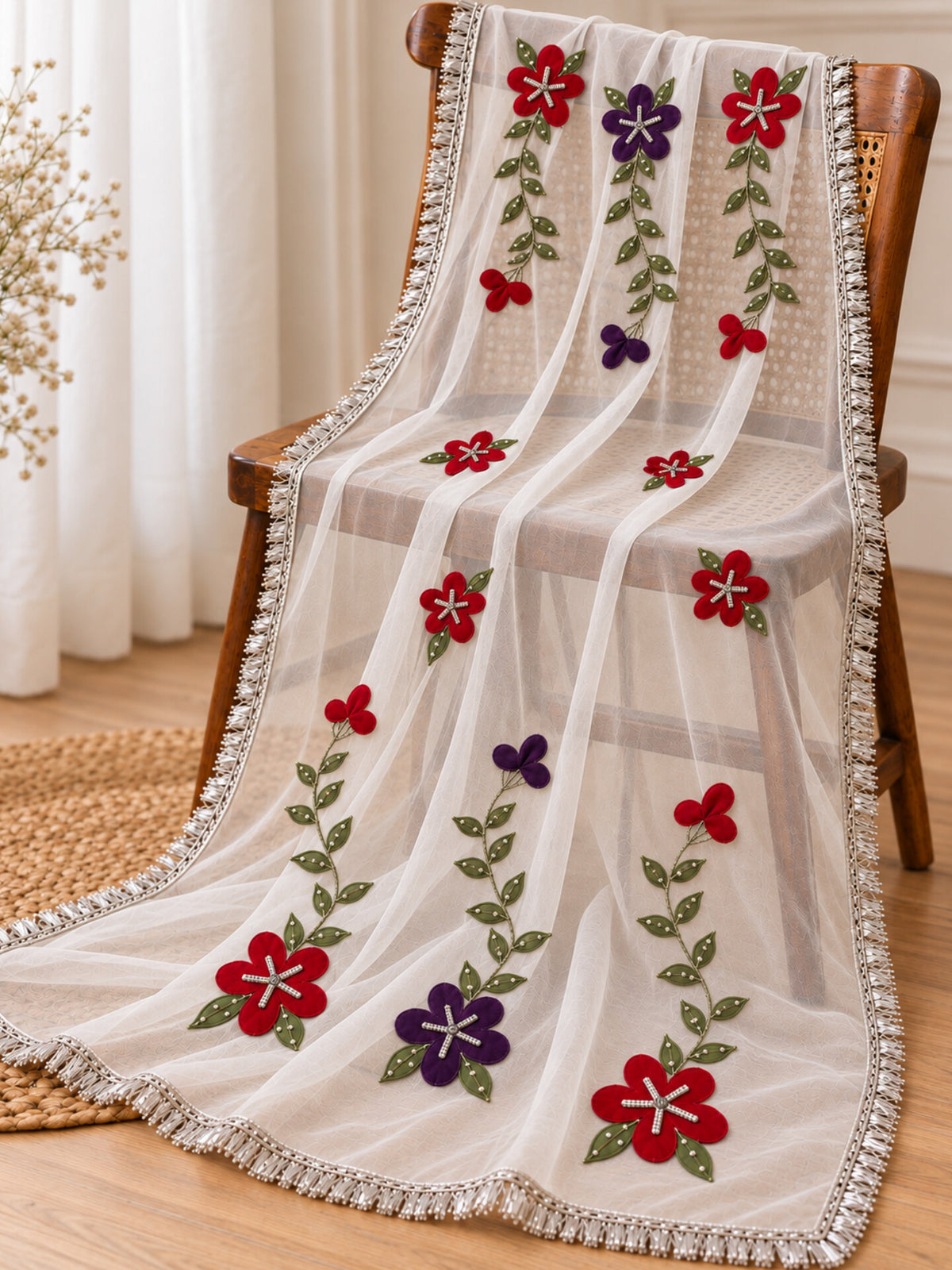 Girls Hand Painted Flower Dupatta - White