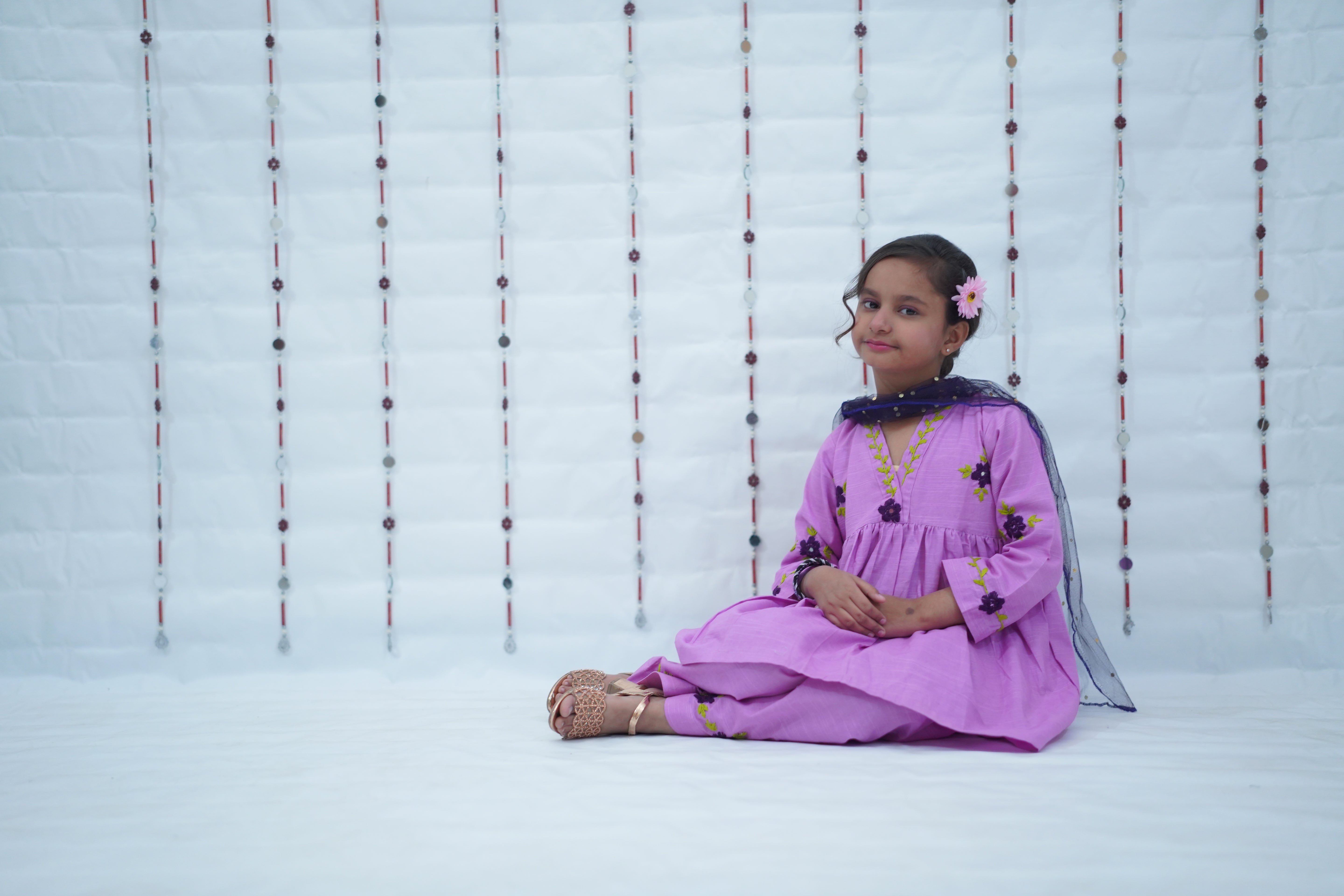 Girls Khaddar Embroided Frock With Farshi Shalwar Suit - Lavender