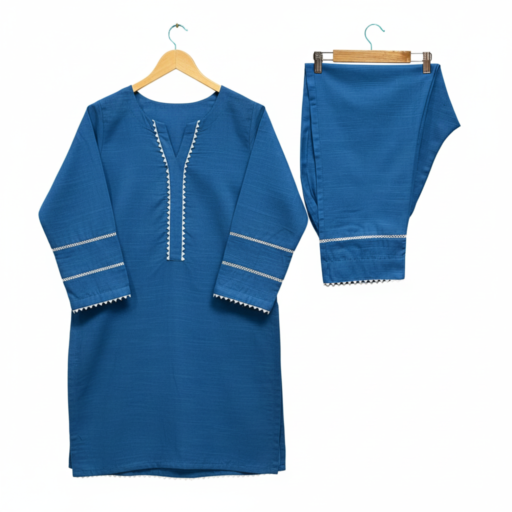 Girls Khaddar Solid Embellished Suit 2pc - Blue