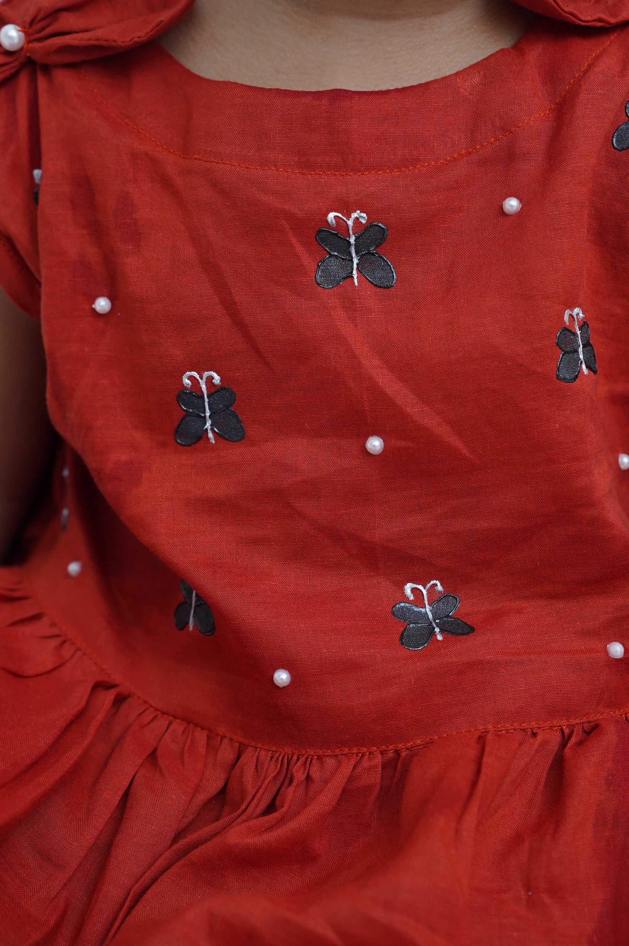 Girls Hand Painted Poplin Frock Dress With Butterfly Charm 2pc Set - Rust