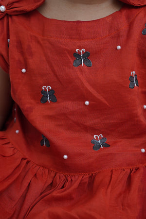 Girls Hand Painted Poplin Frock Dress With Butterfly Charm 2pc Set - Rust