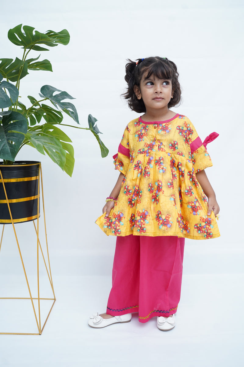 Girls Printed Flower Frock Set - Yellow