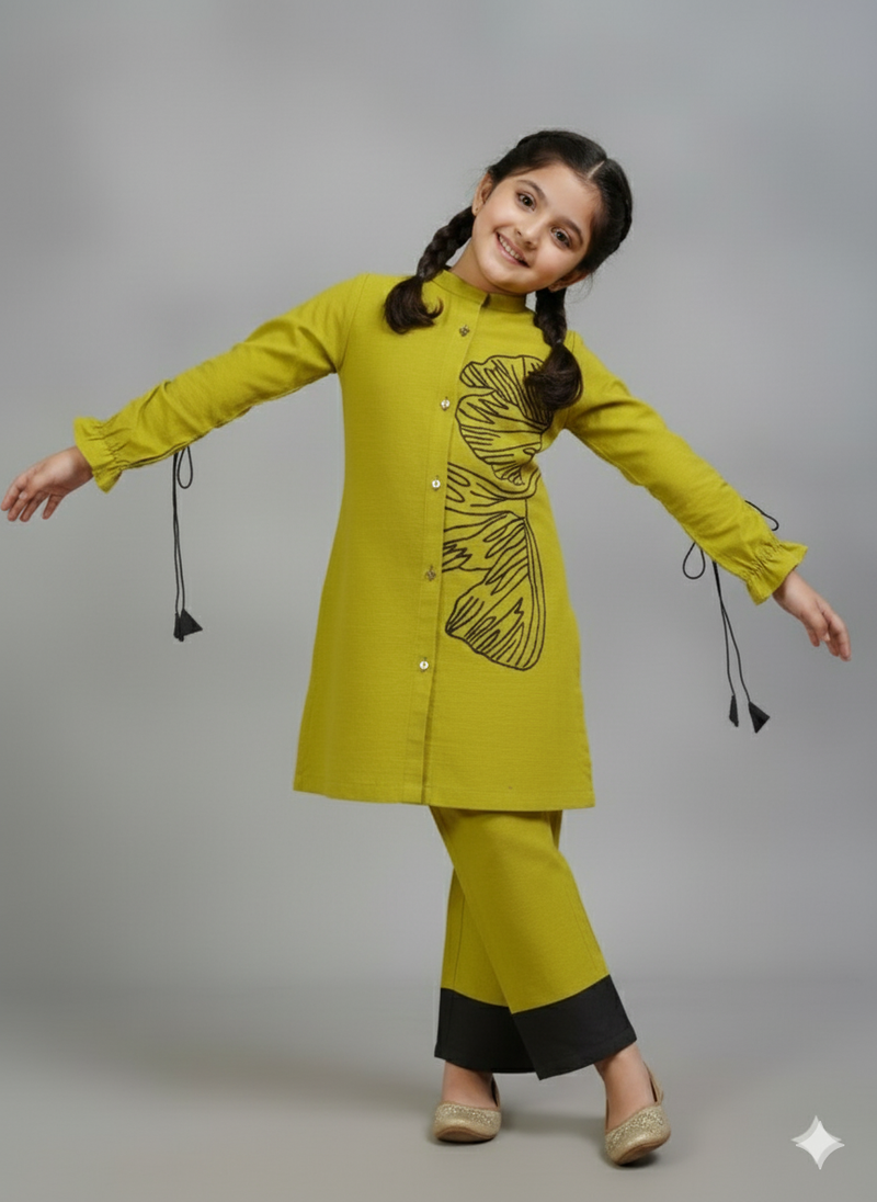 Girls Khaddar Hand Embroided Co-ord Set 2pc - Mustard