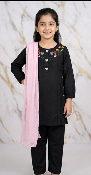 Girls Pink Floral Embroided Suit 3pc