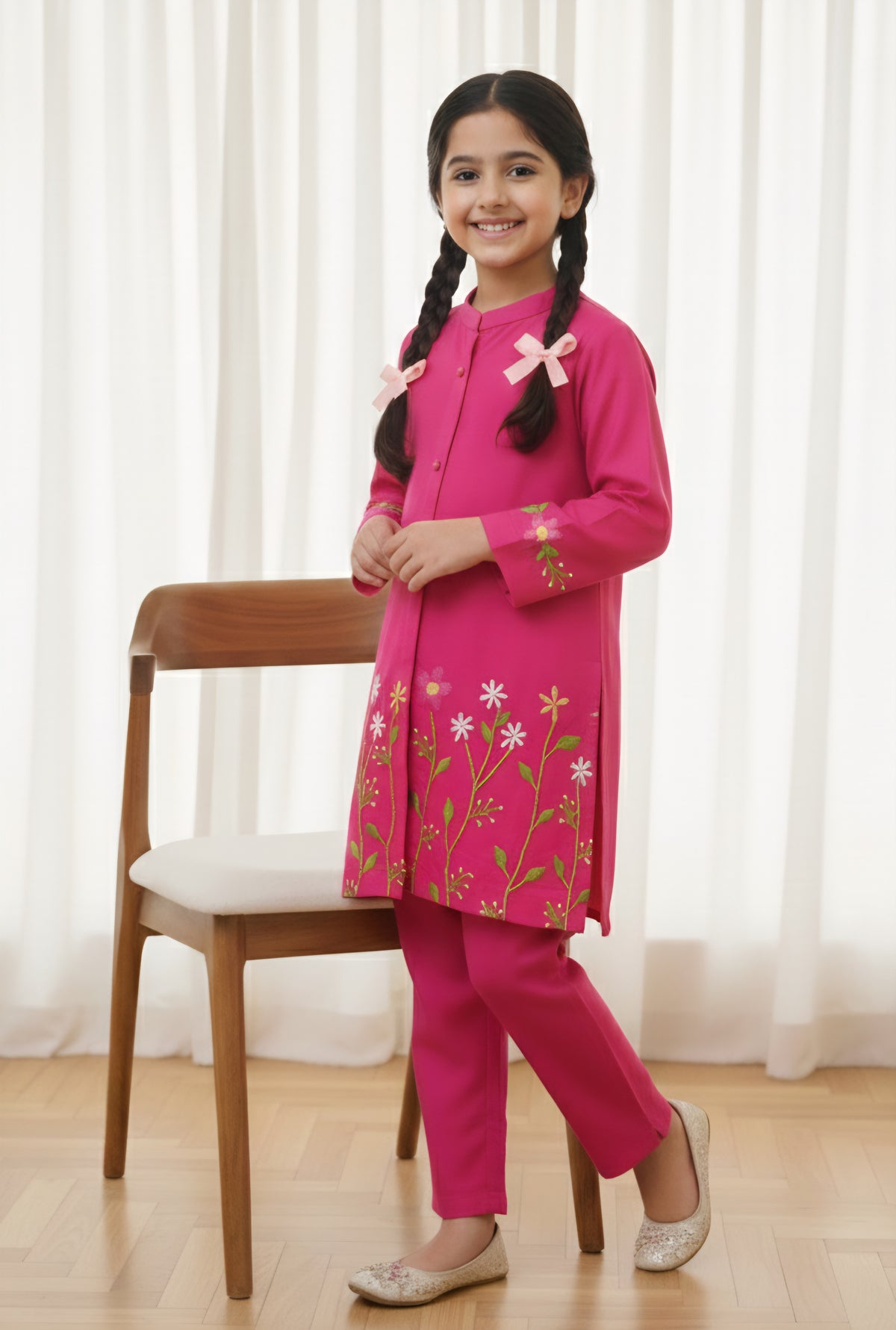 Girls Khaddar Hand Embroided 2pc - Pink