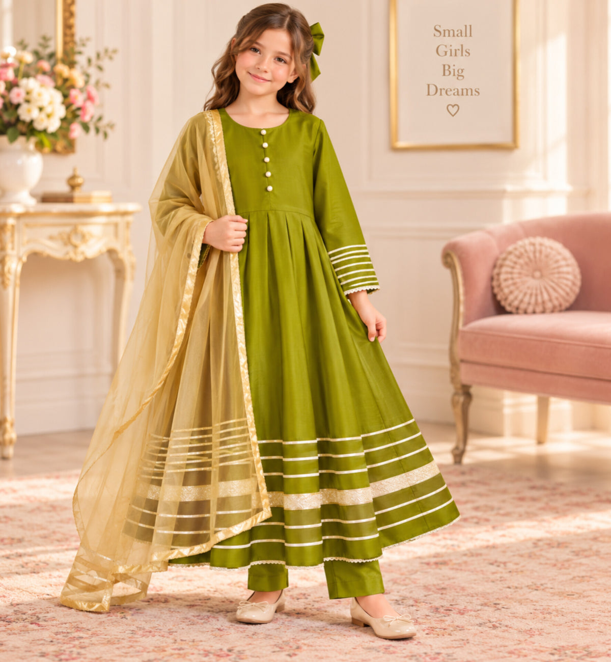 Girls Raw Silk Frock Suit - Olive Green