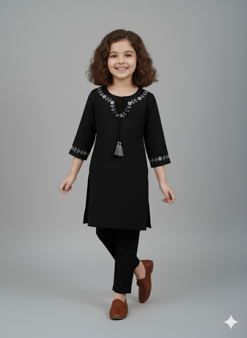 Girls Khaddar Hand Embroided Suit 2pc - Black