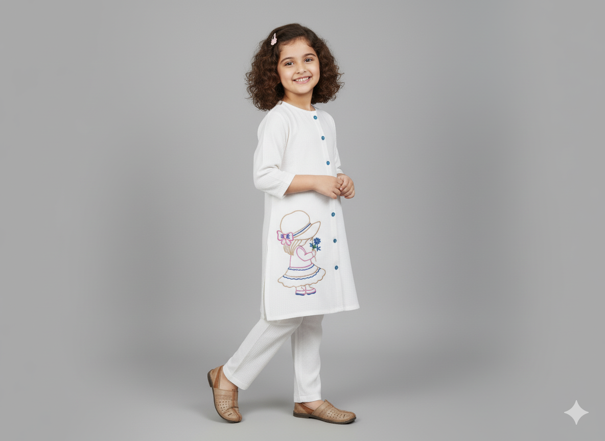 Girls Khaddar Doll Embroided Co-ord Set 2pc - White