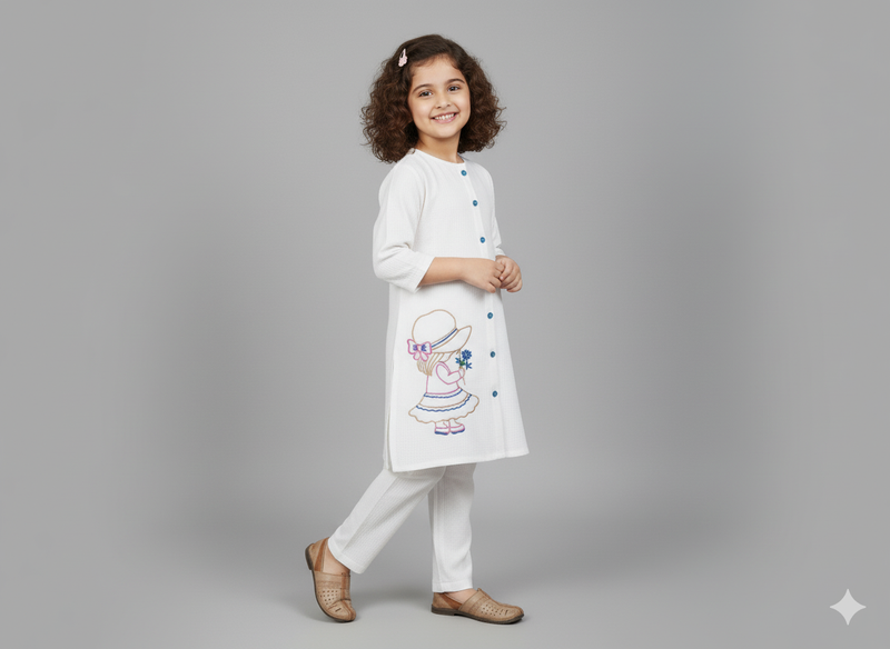 Girls Khaddar Doll Embroided Co-ord Set 2pc - White