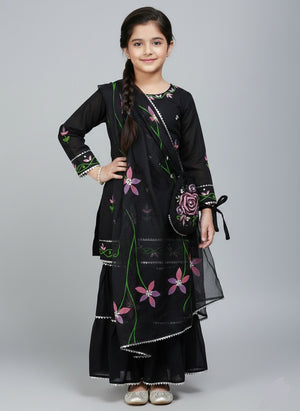 Girls Hand Painted Gharara Set 3pc - Black