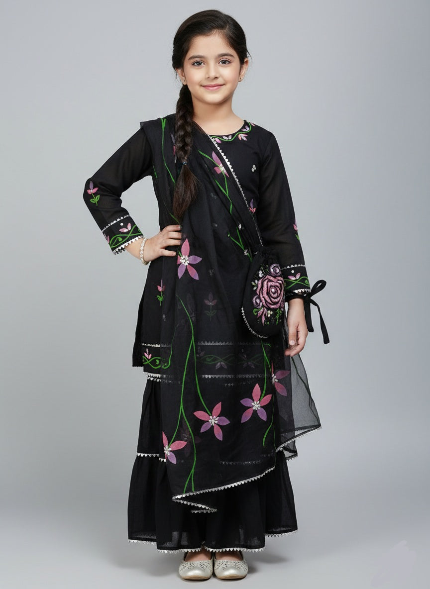 Girls Hand Painted Gharara Set 3pc - Black