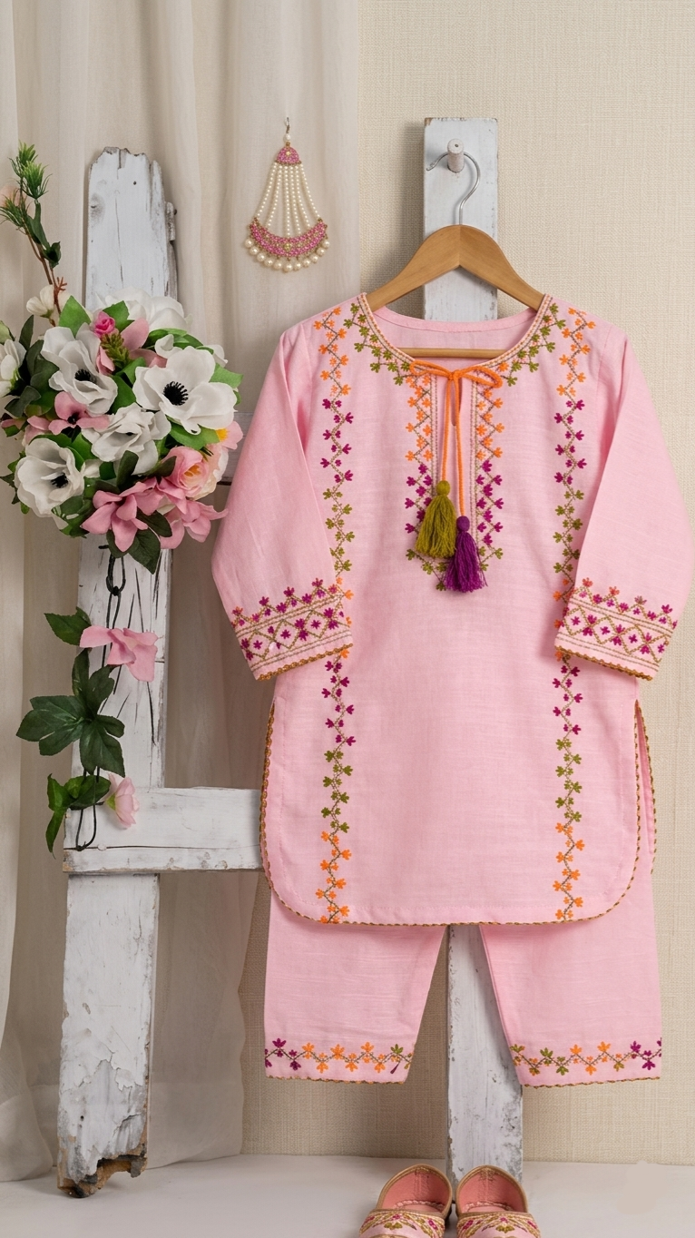 Girls Pink Multi Hand Embroided Set 2pc